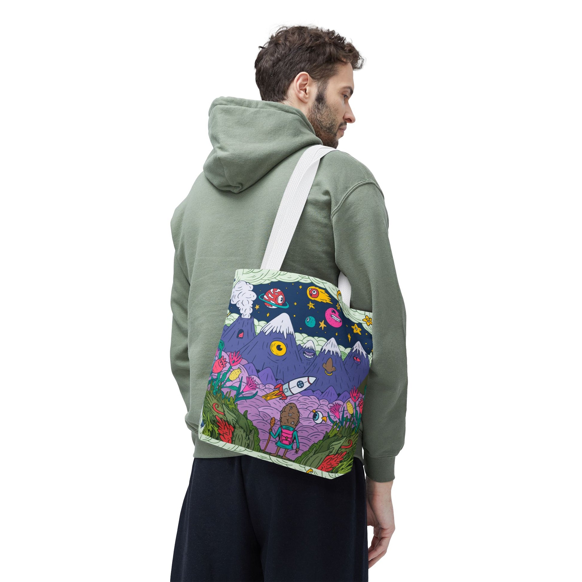 Psychedelic Space Cartoon Tote Bag – Colorful Rockets, Mountains & Cosmic Art