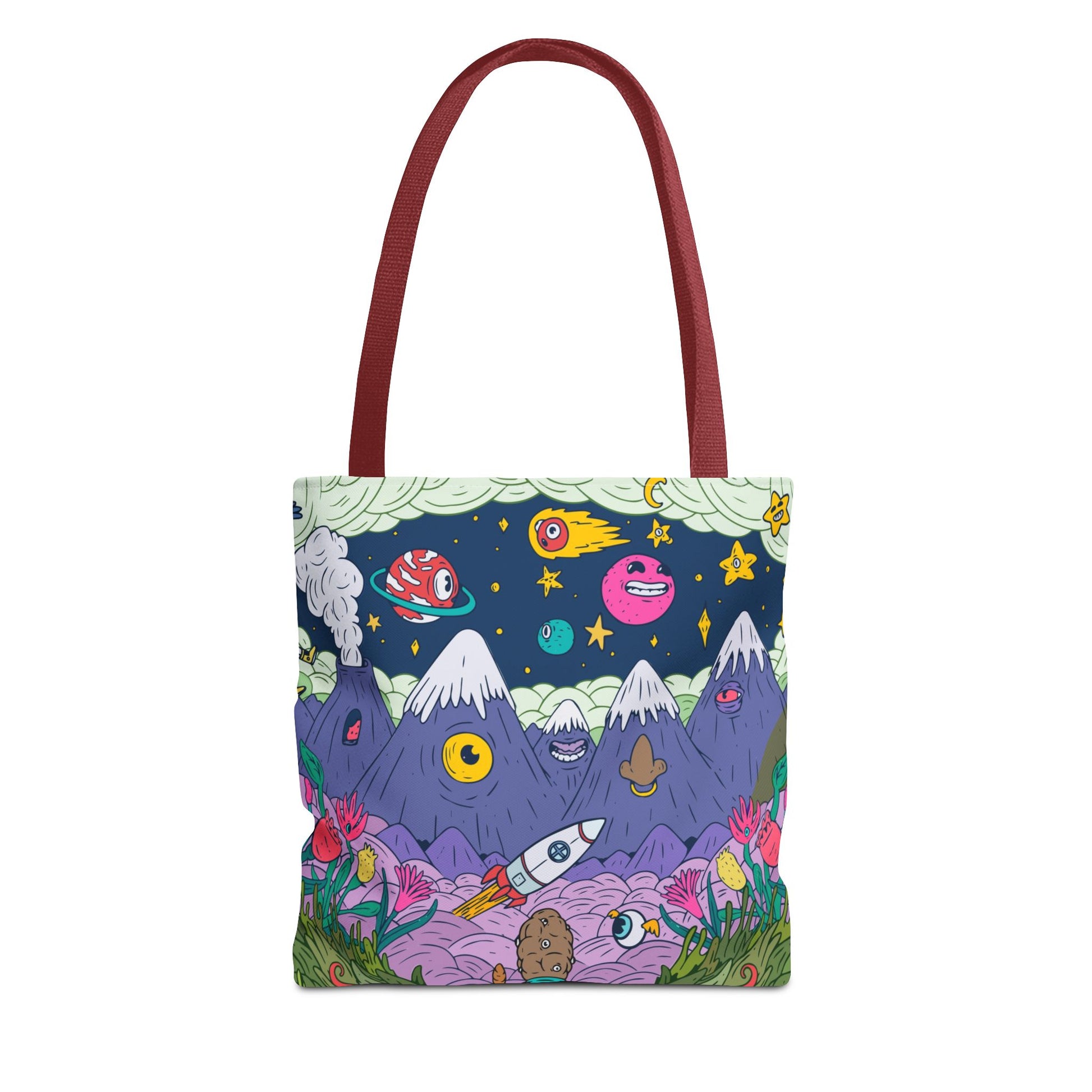 Psychedelic Space Cartoon Tote Bag – Colorful Rockets, Mountains & Cosmic Art