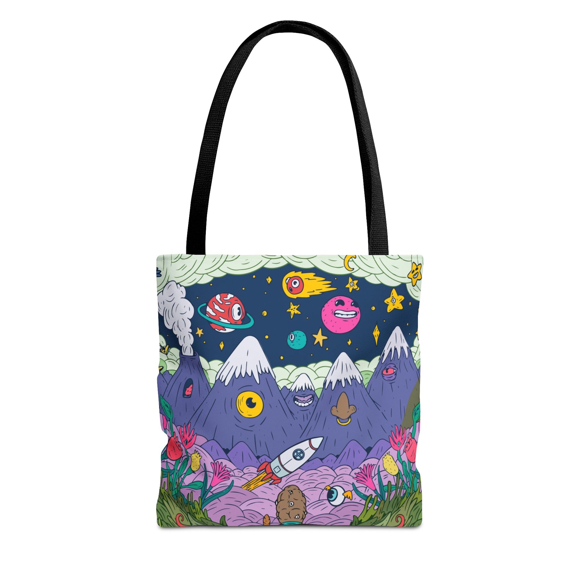 Psychedelic Space Cartoon Tote Bag – Colorful Rockets, Mountains & Cosmic Art