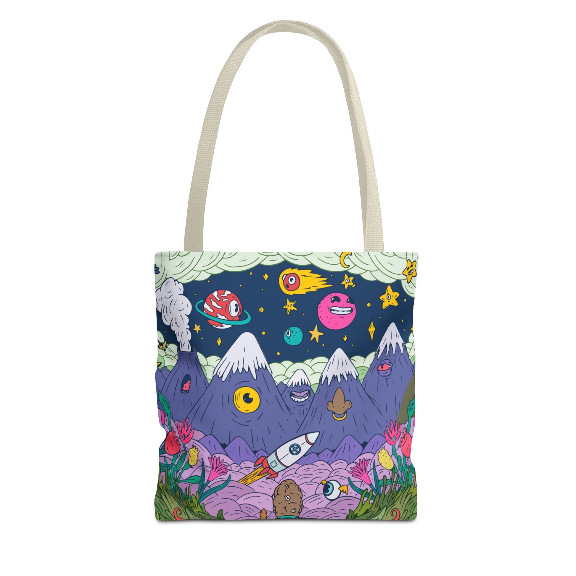 Psychedelic Space Cartoon Tote Bag – Colorful Rockets, Mountains & Cosmic Art