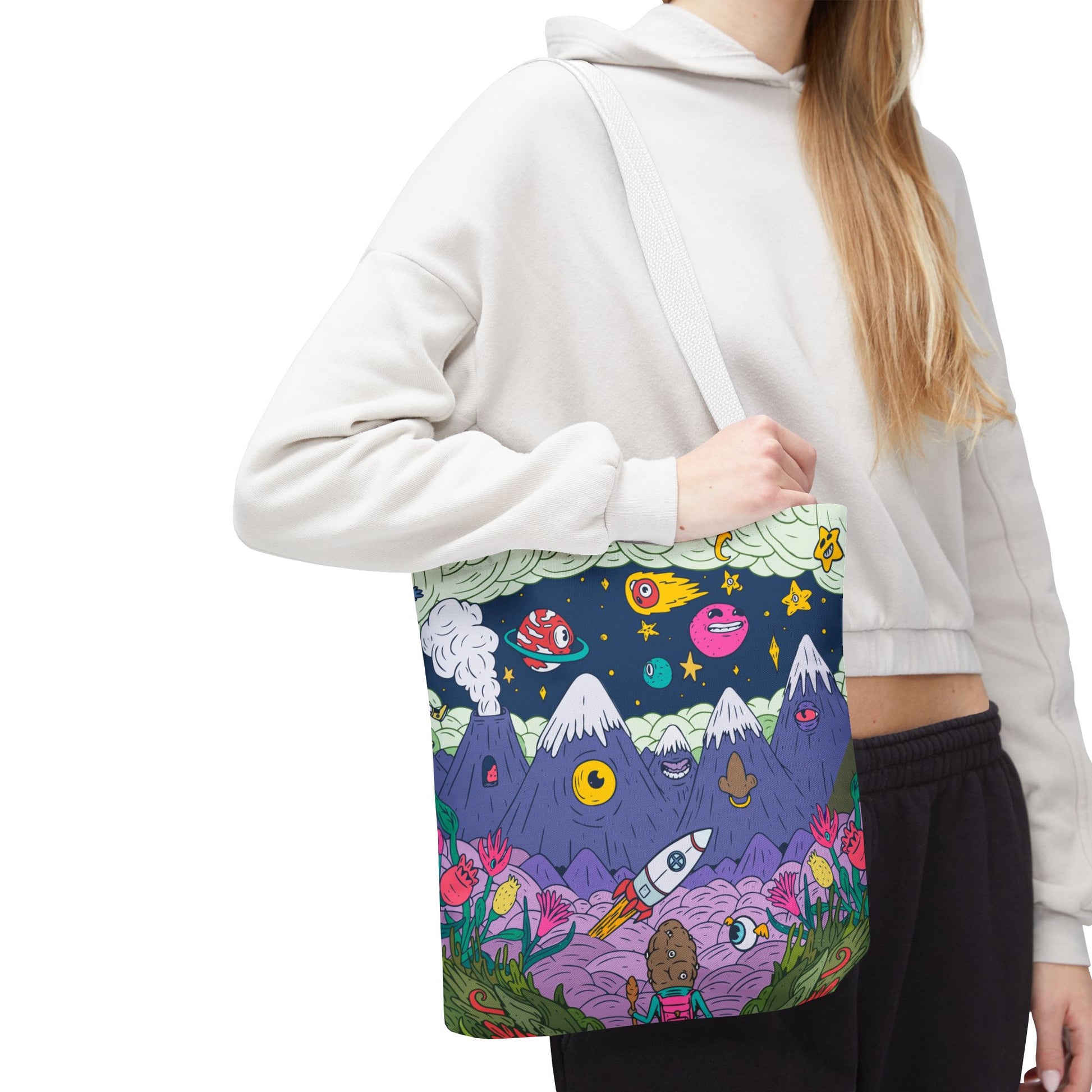 Psychedelic Space Cartoon Tote Bag – Colorful Rockets, Mountains & Cosmic Art