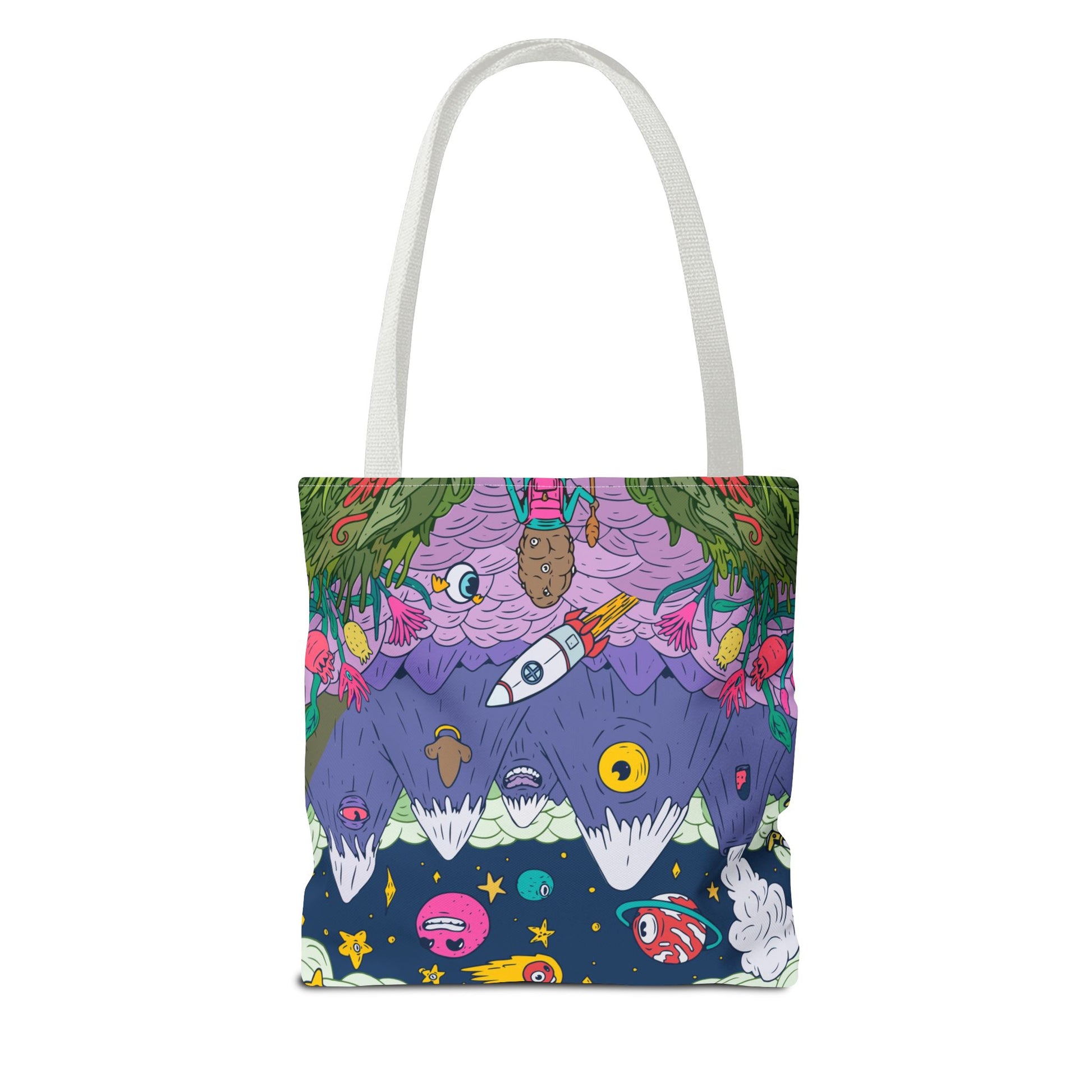 Psychedelic Space Cartoon Tote Bag – Colorful Rockets, Mountains & Cosmic Art