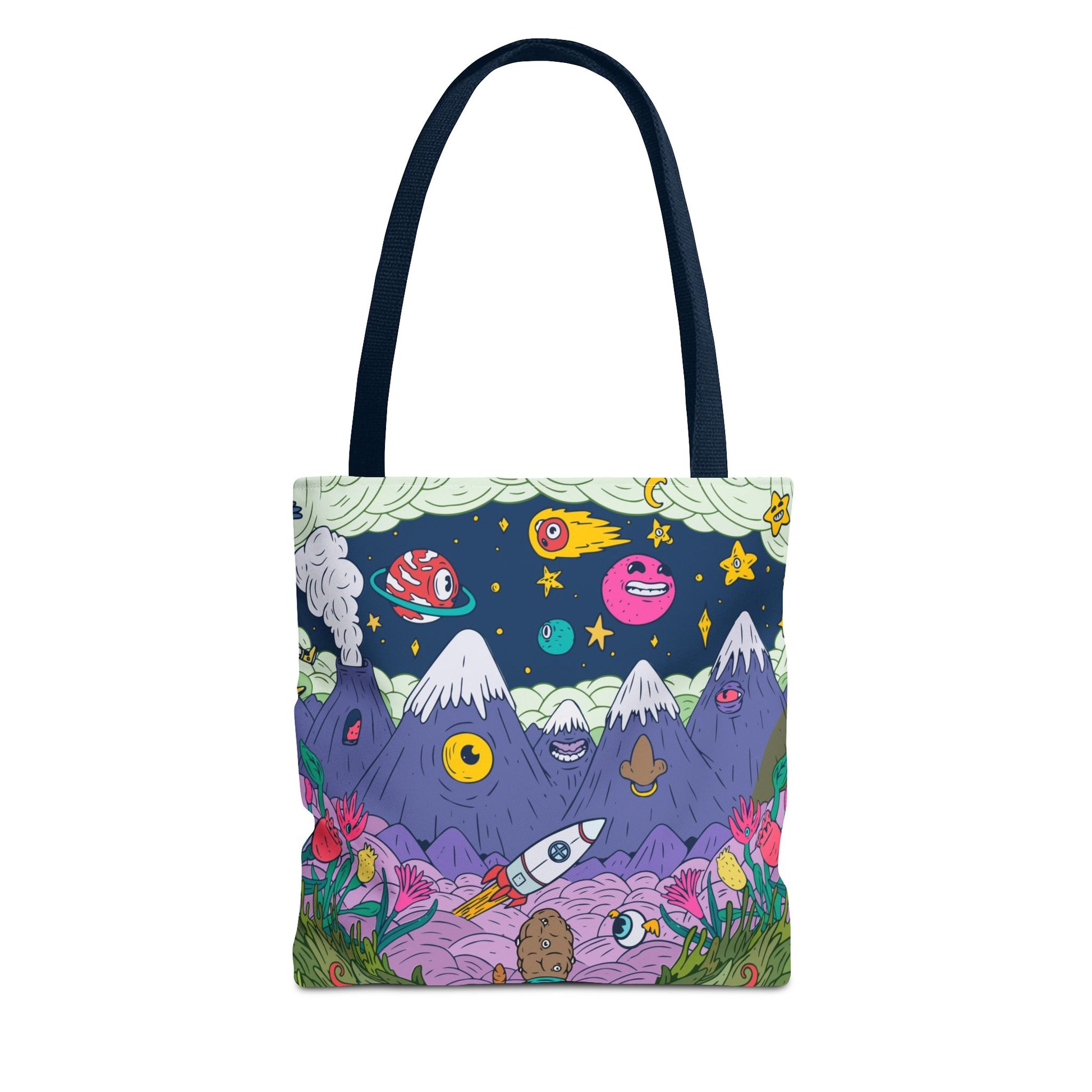 Psychedelic Space Cartoon Tote Bag – Colorful Rockets, Mountains & Cosmic Art
